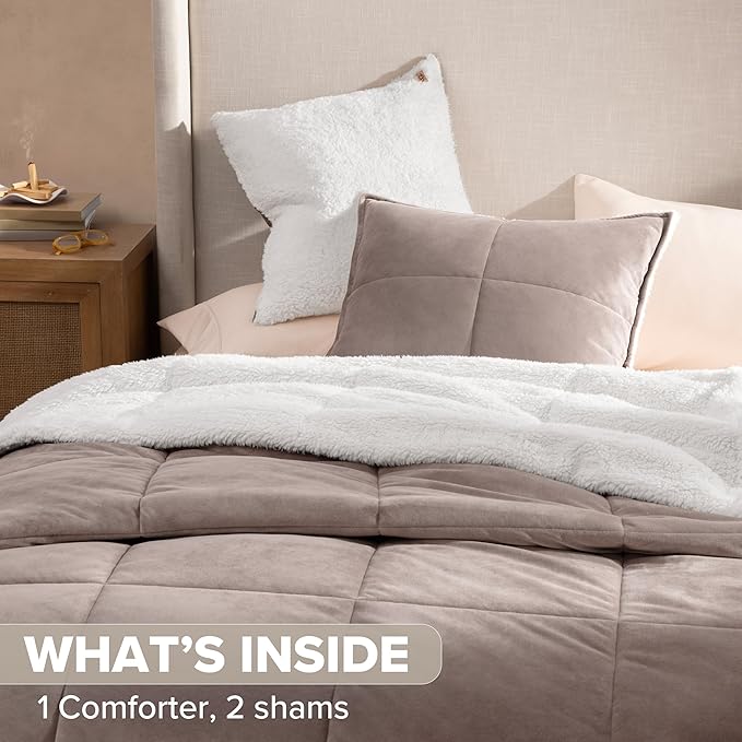 UGG Blissful Comforter Set with 2 Pillow Shams Reversible White Comforter Plush Fluffy Warm Bed Set Premium Hypoallergenic Down Alternative Bedding Breathable, King/California King, Brown Fawn