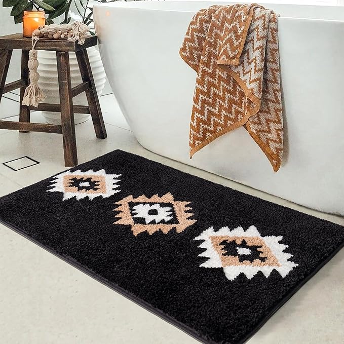 DEXDE Bathroom Rugs 24x36 Black Boho Aztec Bath Mat, Non Slip Western Geometric Bath Rugs Luxury Soft Absorbent Carpet for Bathroom Shower Kitchen Entryway Farmhouse Modern