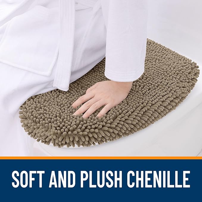 OLANLY Soft Chenille Bathroom Toilet Lid Cover, Machine Washable Seat Covers, 17.5x15, Stays in Place Rubber Backing, Fits Most Round, Elongated and Oblong Lids, Accessories Decor, Tan