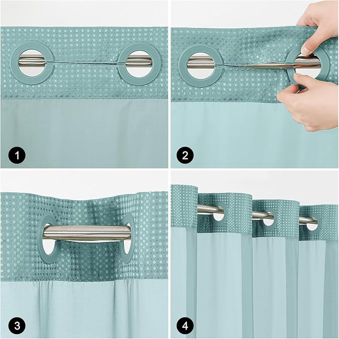 Colorful Star No Hook Shower Curtain with Snap in Fabric Liner, Waffle Weave Heavy Duty Thick Shower Curtains with Mesh Top Window, Hotel Style Waterproof Bathroom Curtain Set, 72 x 75 Inch, Teal