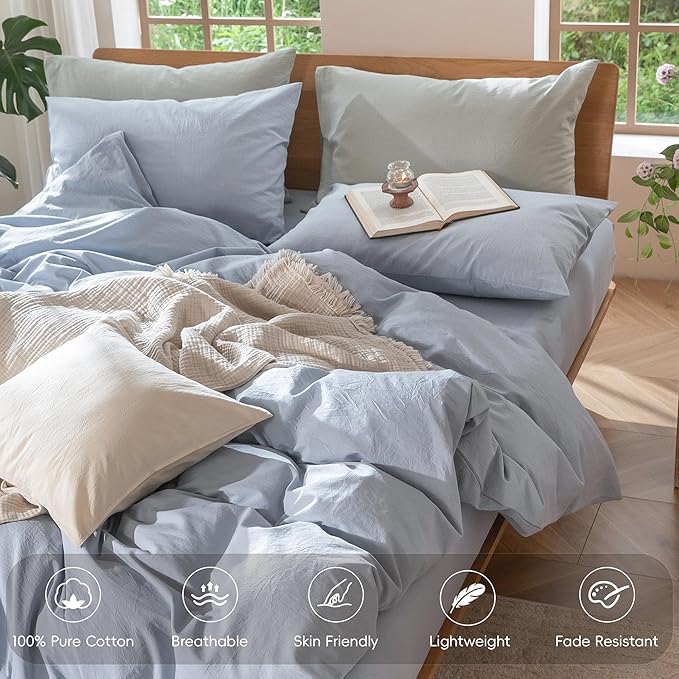 MooMee Bedding Duvet Cover Set 100% Washed Cotton Linen Like Textured Breathable Durable Soft Comfy (Heathered Cornflower Blue, Oversized Full 82"x86")