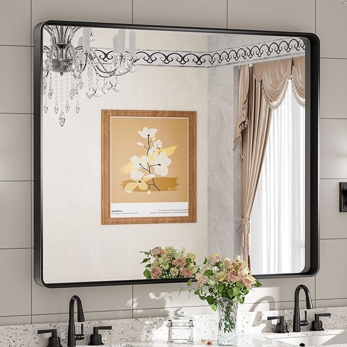 TETOTE Black Framed Mirrors for Bathroom, 42 x 36 Inch Modern Decorative Wall Mounted Rectangle Matte Framed Vanity Mirror (Horizontal/Vertical)
