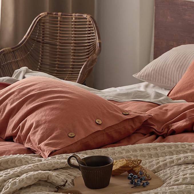 Bedsure Linen Duvet Cover Queen - Linen Cotton Blend Bedding Set, Soft & Cozy, 3 Pieces, 1 Duvet Cover 90x90 Inches and 2 Pillowcases, Burnt Orange Color Cooling Bedding, Comforter Sold Separately