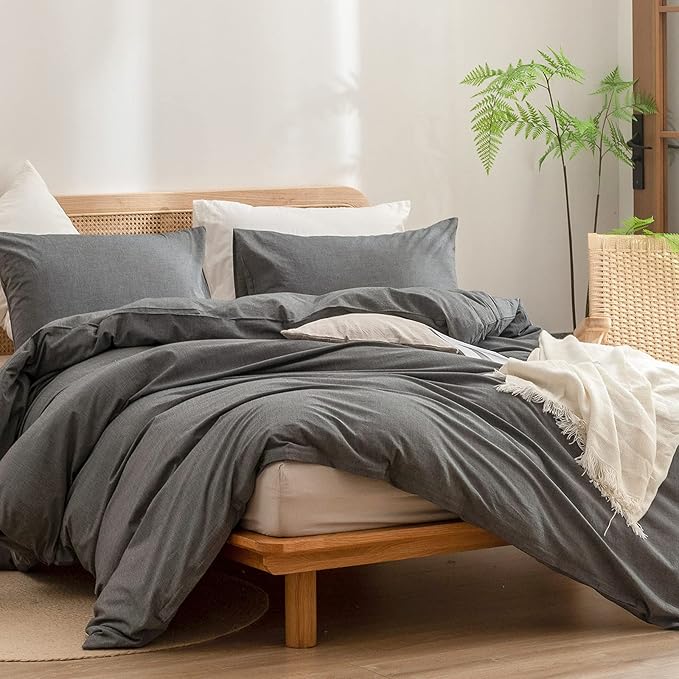 BESTOUCH Duvet Cover Set 100% Washed Cotton Linen Feel Super Soft Comfortable Chic Lightweight 2 PCs Home Bedding Set Solid Dark Grey Twin/Twin XL