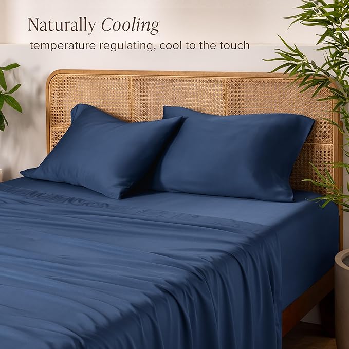 Bare Home 100% Rayon Made from Bamboo Luxury Twin Sheet Set - 3 Piece Bedding Set - Deep Pockets - Cooling Sheets - Breathable - Easy Fit - Soft Bedding Sheets & Pillowcases (Twin, Dark Blue)
