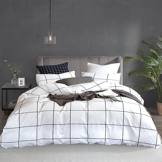 KAREVER White Grid Comforter Twin Plaid Bedding Set Stripes Boys Checkered Comforters Bedding Set Girls White Grid Comforter Set Twin