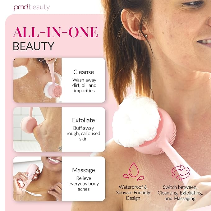 PMD Clean Body - Smart Body Cleansing Device with Silicone Brush & Three Interchangeable Attachments - Waterproof - SonicGlow Vibration - Cleanse, Exfoliate, & Massage Body