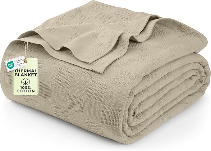 Utopia Bedding Khaki 100% Cotton Blanket [Twin Size - 90x72 Inch] 350GSM Lightweight, Soft and Breathable Thermal Dorm Bed Blanket for All Seasons