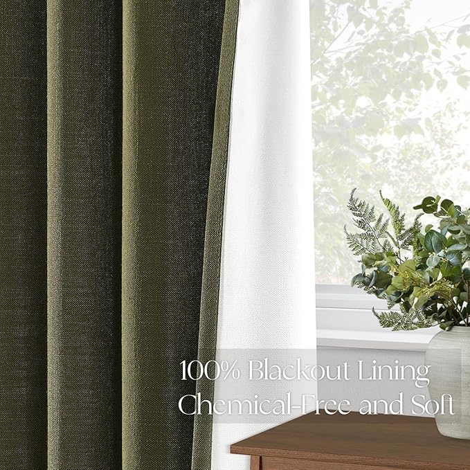 Topfinel Olive Green Linen Blackout Curtains 84 Inches Long, 100% Blackout Pinch Pleated Dark Green Boho Thermal Insulated Back Tab Curtains for Living Room Bedroom, Retro Drapes with Hooks Rings