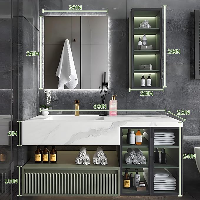 Floating Vanity for Bathroom, 60" Green Bathroom Vanity Set with LED Defog Mirror and Side Medicine Cabinet, Wall Mount Bathroom Storage Cabinet with Glass Door, Single Sink Bath Vanities - Green