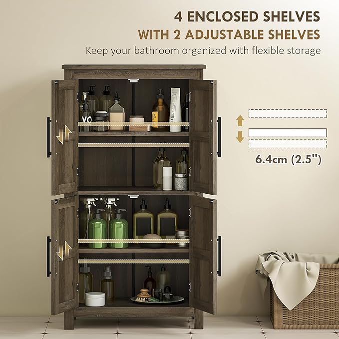 HOMCOM Farmhouse Bathroom Storage Cabinet with 4 Barn Doors, Bathroom Floor Cabinet with 2 Adjustable Shelf, Freestanding Storage Cupboard, Brown