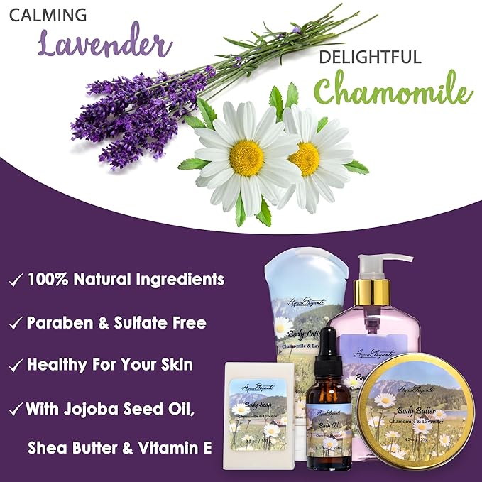 Spa Baskets For Women - Luxury Bath Set With Lavender & Chamomile - Spa Kit Includes Wash, Bubble Bath, Lotion, Bath Salts, Body Scrub, Body Spray, Shower Puff, Bathbombs, Soap and Towel