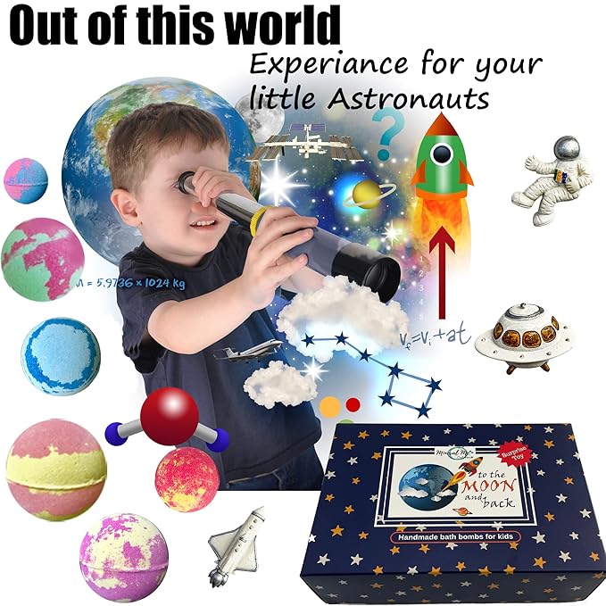 Galaxy Bath Bombs for Kids with Surprise Inside - Organic Bubble Bath Bombs with Educational Outer Space Planet Toys. Gentle, Natural & Kids Friendly - Stocking Stuffers Christmas Gifts for Toddlers