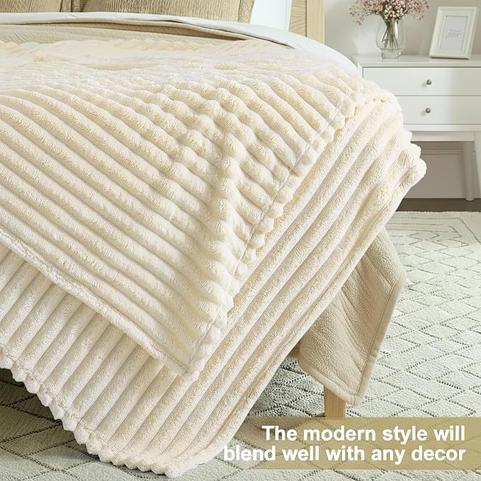 decorUhome Christmas Soft Fleece Beige Blanket King Size for Bed, Cozy Fluffy Plush Flannel Large Striped Throws for Couch Sofa, Lightweight Decorative Fuzzy Blanket for Woman, 108x90 Inches