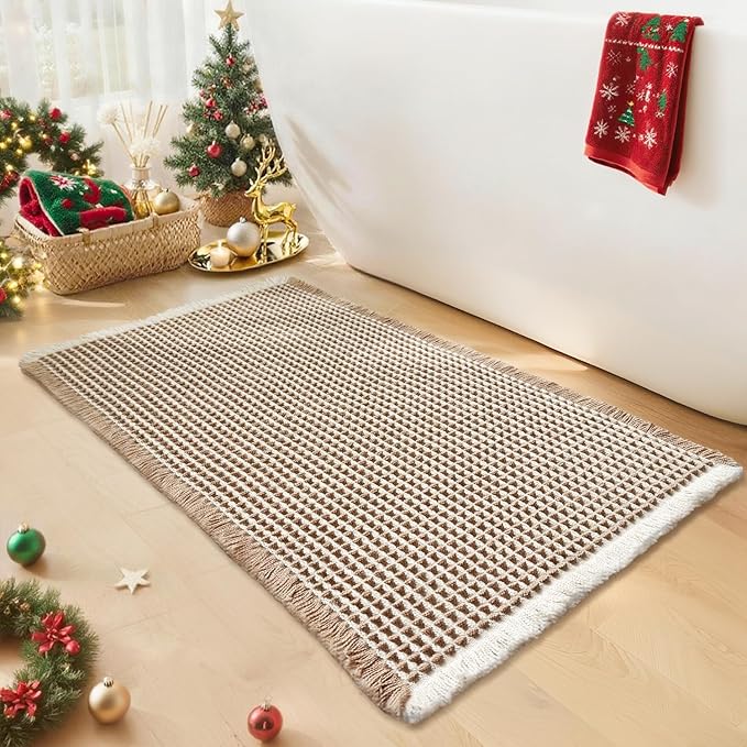 Waffle Bath Mat - Boho Bathroom Rugs Non Slip Washable, Super Absorbent & Quick Dry, Soft Bath Mat Farmhouse Bathroom Decor, 20'' x 32'', Khaki and White