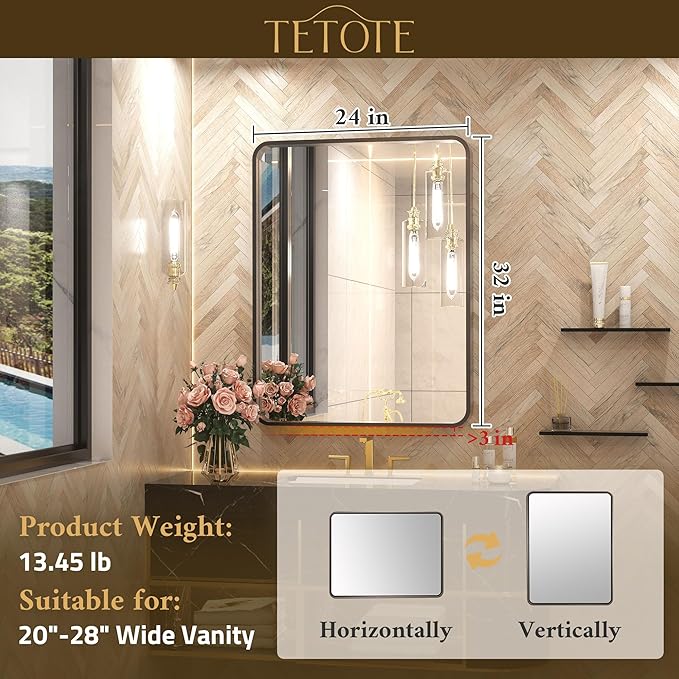 TETOTE Black Framed Bathroom Mirror, 24 x 32 Inch Matte Metal Frame Vanity Mirror, Farmhouse Wall Mounted Rectangle Mirror (Horizontal/Vertical)