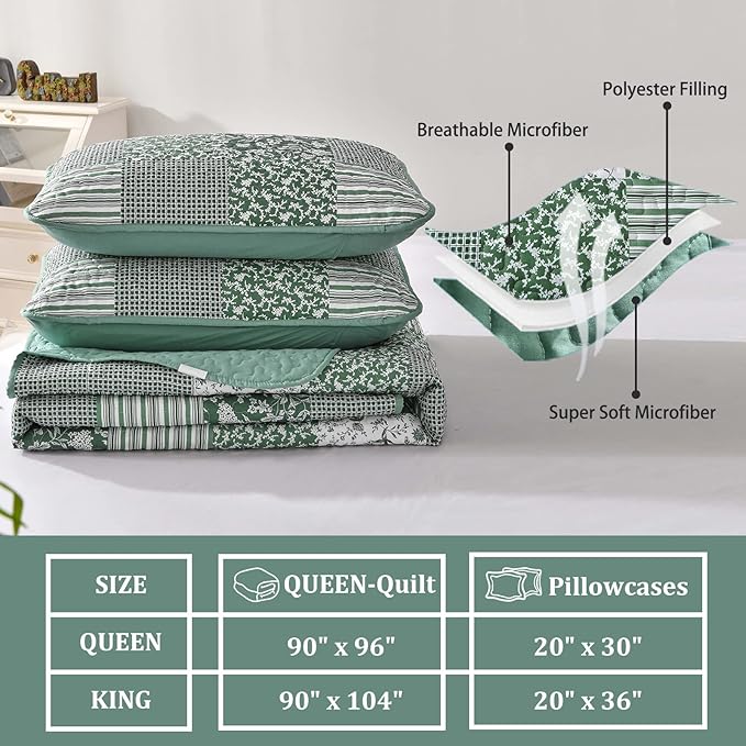 Mybedsoul Green Boho Queen Quilt Set, 3-Piece Reversible Soft Plaid Floral Bedding Set with 2 Pillow Shams - Sage Green Queen Size Quilt Bedspread Coverlet Set 90” x 96”