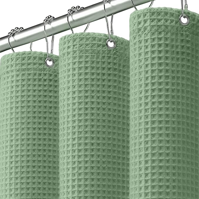 Stall Waffle Shower Curtain - Sage Green Cotton Fabric Texture Heavyweight Shower Curtain for Narrow Bathroom,Washable,48Wx72L
