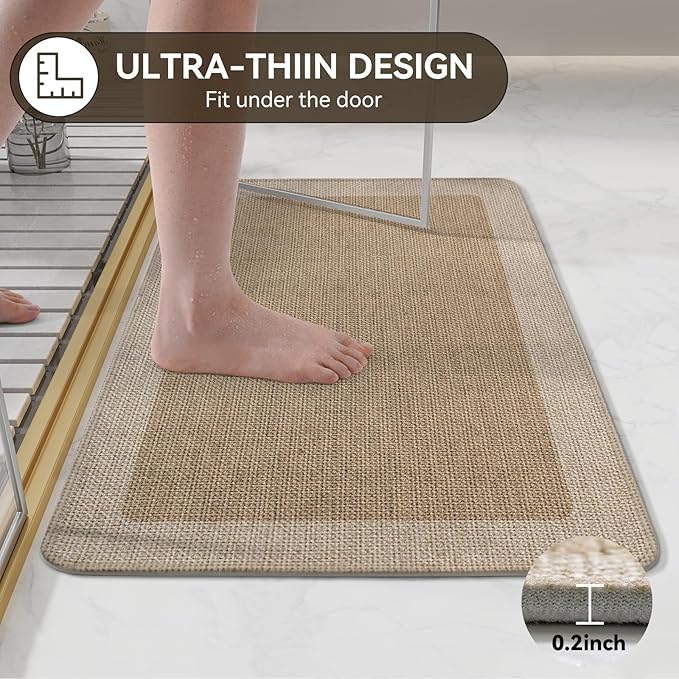 Bathroom Rugs, Ultra Thin Bath Mat Fit Under Door Super Absorbent Non Slip Quick Dry Bath Mat, Rubber Backing Shower Mat Outside Shower
