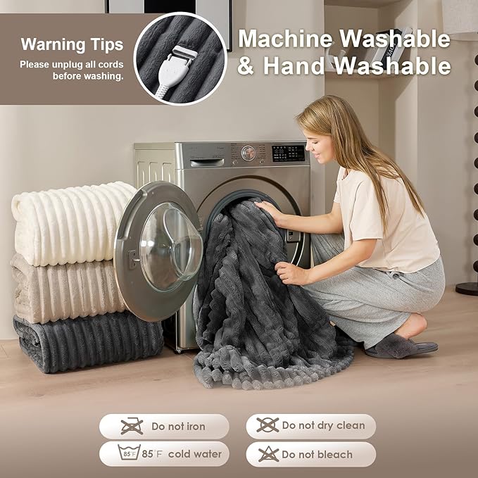 Hansleep Heated Blanket Electric Throw Full Size, Heating Blanket with 9 Heating Levels and 10-Hour Timer Auto Shut Off, Washable Soft Warm Winter Blanket, 72 x 84 Inches, Dark Grey