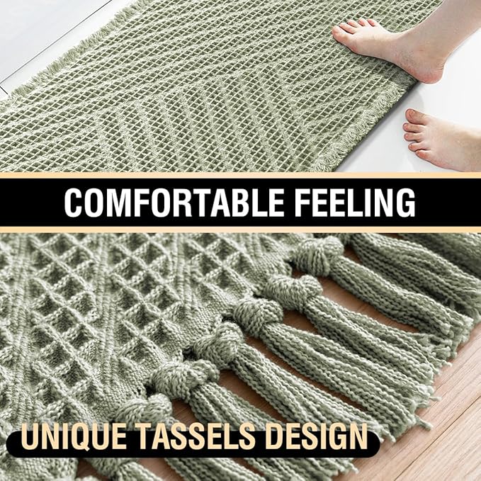 H.VERSAILTEX Waffle Bath Runner Rug Long Bath Mat Super Absorbent Boho Bath Rugs Non Slip Bath Runner for Bathroom Floor Machine Washable Dry Fast Bathroom Rugs with Tassels, 24" x 72", Sage