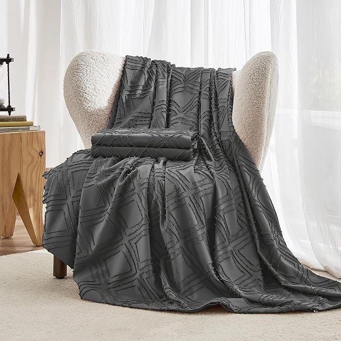 JELLYMONI Duvet Cover Full Size Dark Grey - 3PCS Boho Duvet Cover Set Plaid Polyester Tufted Bohemian Jacquard Knit Textured Comforter Cover 80×90in Rhombic Geometric Pattern Corner Ties & Zipper