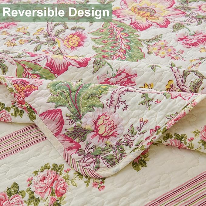 Cmfshape Floral Quilt Sets Bedspread Set 100% Cotton Bedding Set, All Season Use Lightweight Reversible Coverlet Quilts with 2 Pillow Shams(Queen 92"x96")
