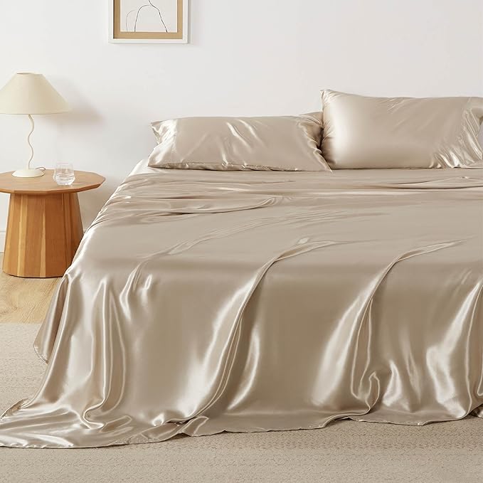Bedsure Satin Sheets Queen Size - 4 Piece Silky Bedsheets with 15 Inches Deep Pocket Fitted Bedsheet,1 Flat Sheet, 2 Satin Pillowcases, Good for Hair & Skin (Queen, Khaki)