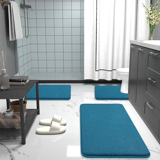 OLANLY Thick Memory Foam Bath Mat Rug 47x20, Extra Soft Absorbent Bathroom Rug, Quick Dry Bath Mat, Non-Slip, Machine Washable Carpet for Bathroom, Tub and Shower, Home Decor Accessories, Peacock Blue