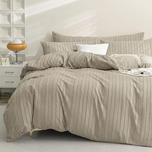 JELLYMONI Duvet Cover Twin Size Khaki - 3PCS Boho Striped Duvet Cover Set Polyester Tufted Bohemian Textured Comforter Cover 68×90in with Corner Ties & Zipper and 2 Pillowcases