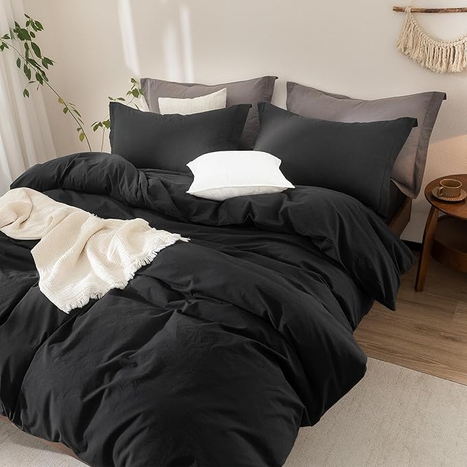 Black Duvet Cover King Size 100% Washed Cotton Bedding Set Cover 1 Duvet Cover with Zipper Closure and 2 Pillowcases, 104inch x 90inch