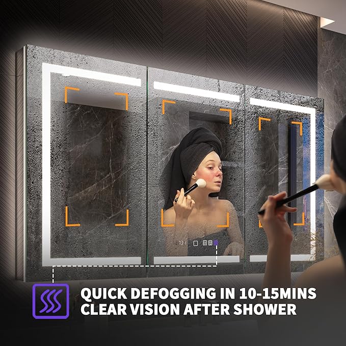 Lighted Medicine Cabinet with Mirror 60"x36" Recessed LED Medicine Cabinet Mirror, Front&Backlit, Anti-Fog, Stepless Dimming, 3-Color Temperatures, Magnifier, 2 Outlets, Storage Shelves, ETL Certified