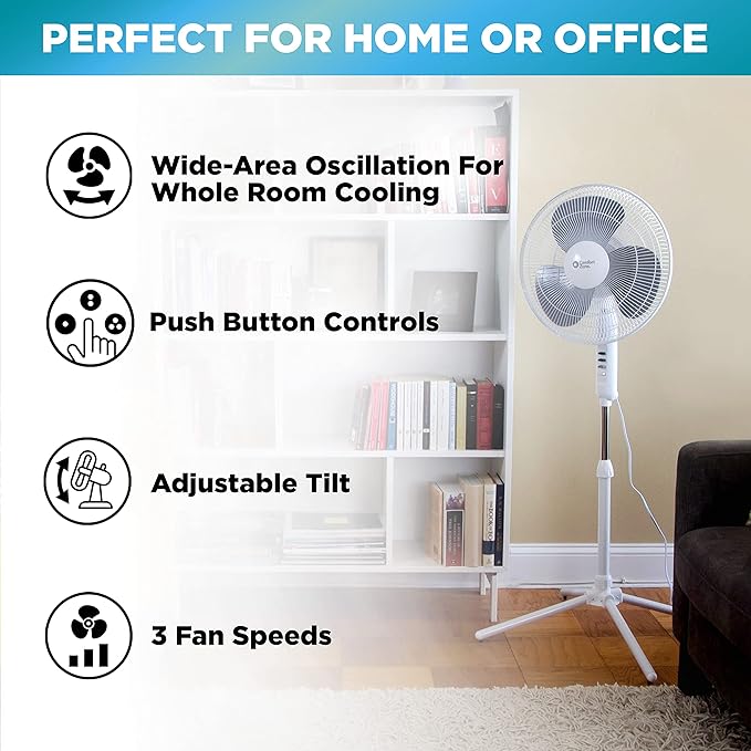 Comfort Zone Stand Fan, 16 inch Pedestal Fan for Bedroom, 3 Speed Floor Fan, 90 Degree Oscillation, Adjustable Height, Adjustable Tilt, Oscillating Air Circulator, Quiet Fan for Home or Office, White