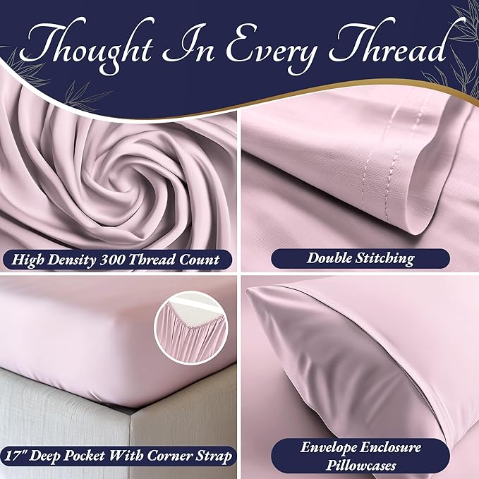 DECOLURE 100% Viscose Derived from Bamboo Sheets Twin Size 3pcs - Ultra Soft & Luxuriously Cooling, 17" Deep Pocket, Double Stitching, Perfect for Hot Sleepers - Twin Bed Sheets (Light Pink)