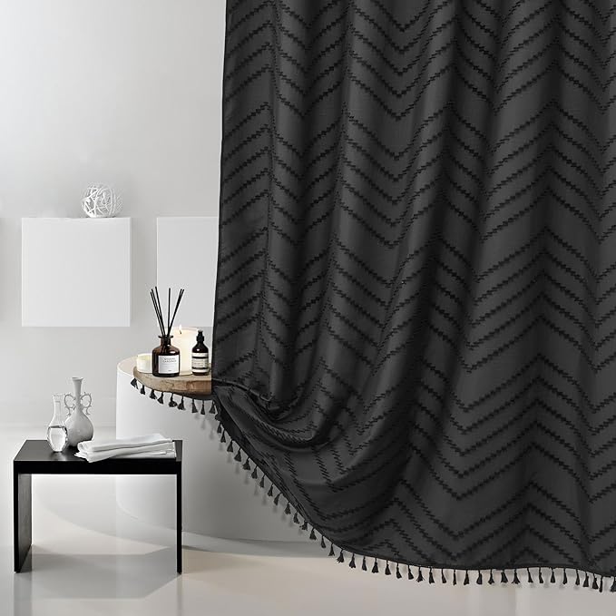 Boho Shower Curtain Black Tassel Woven Fabric Shower Curtain 72 x 70 Modern Farmhouse Textured Tufted Chevron Striped Minimalist for Bathroom