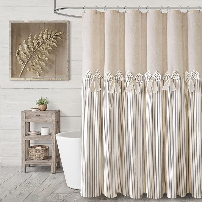 Farmhouse Shower Curtain Linen Beige Bow Woven Fabric Country Rustic Western, Pleated Beige Stripe 72" W x 72" L