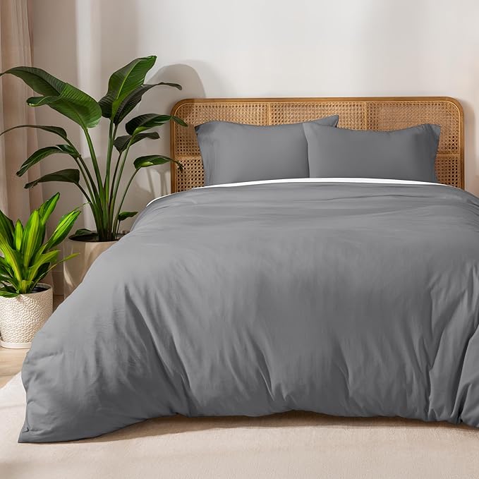 Bare Home 100% Organic Cotton Jersey Duvet Cover Set - Full/Queen Size - Ultra Soft - 100% Cotton - 3pcs - Corner Ties - Button Closure - Envelope Pillowcases (Full/Queen, Grey)
