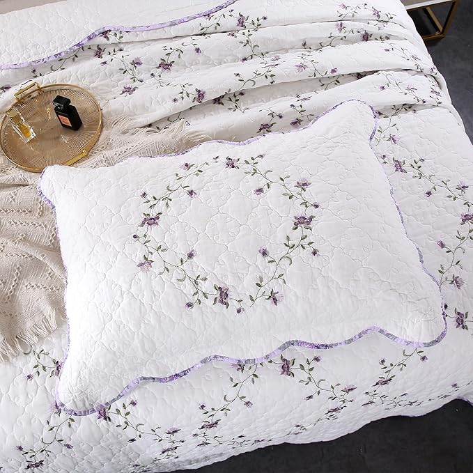Quilt Set Purple Floral 3D Embroidery Pattern 2 PCS 100% Cotton Reversible Quilted Embroidered Decorative Bedspreads Coverlet Set, Lightweight &Soft Twin Size White Bedding Coverlet for All Season