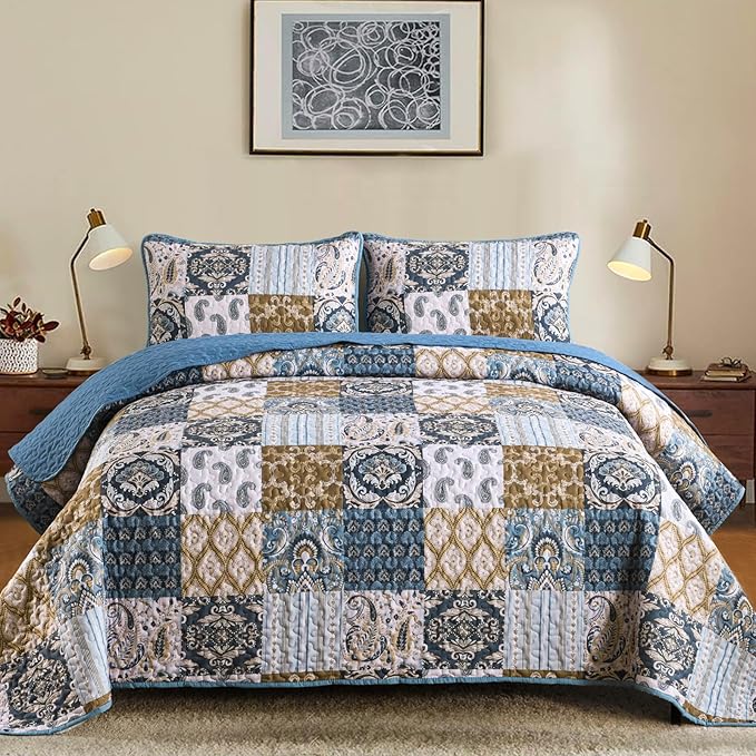 WONGS BEDDING Boho Quilt Set Queen Size, Blue Patchwork Plaid Bedspread Bedding Sets Paisley Soft Microfiber Quilts for Queen Bed 3 Pieces Coverlet Set for All Season (96"x90")