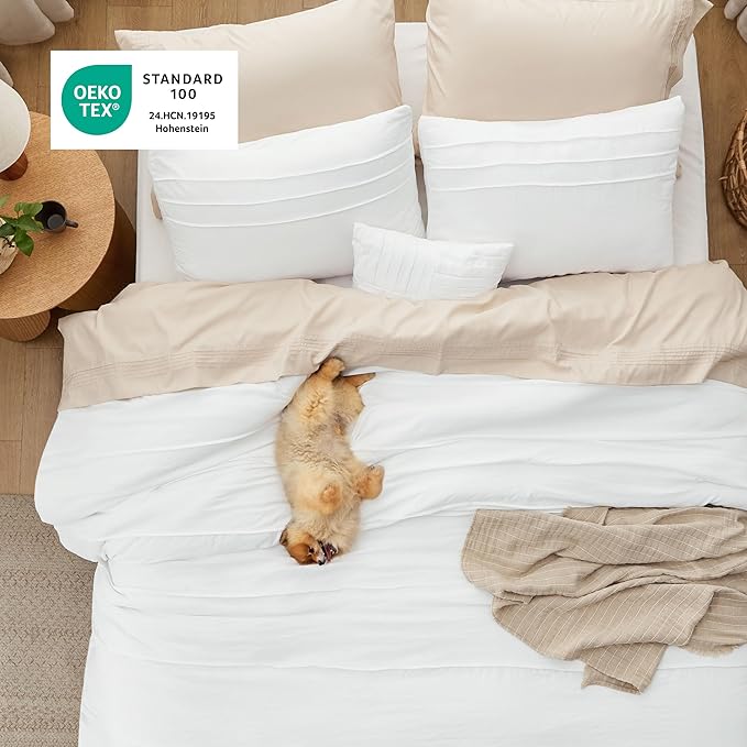 Bedsure California King Comforter Set - 4 Pieces Pinch Pleat Bed Set, White Boho Bedding for All Season, 1 Soft Comforter, 2 Pillowcases, 1 Decorative Pillow
