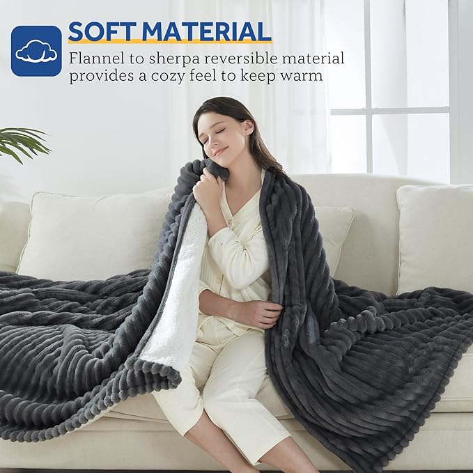 SEALY Electric Blanket Twin Size, Soft Ribbed Flannel to Sherpa Reversible Heated Blanket with 10 Heat Settings & 1 to 12 Hours Auto-Off Overheat Protection Machine Washable, 62"x84" Charcoal