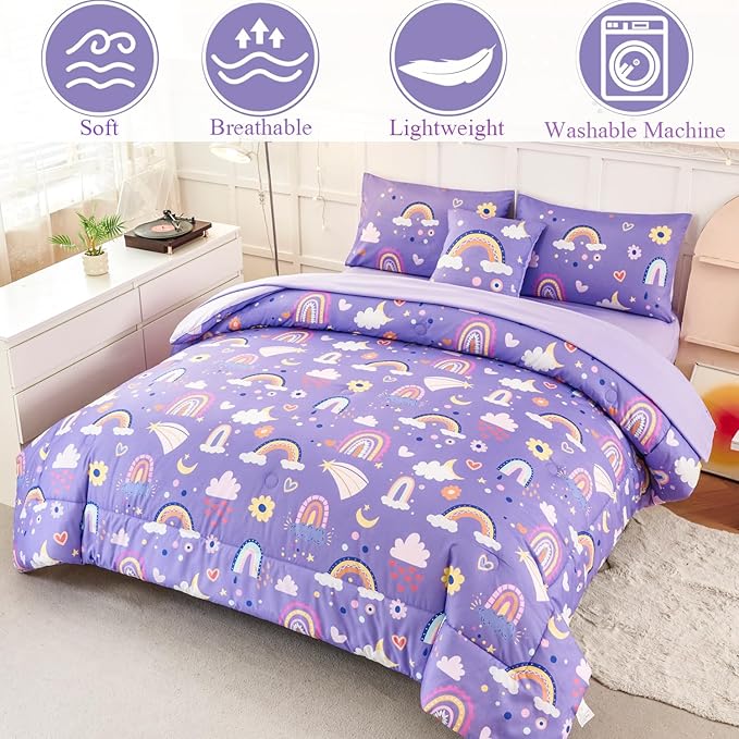 ANGIYUIN Purple Kids Full Size Bedding Set Colorfurl Rainbow and Clouds Girls Bed in A Bag with Sheets Cartoon Saleboat Stars Kid Bed Set for Girl Soft Microfiber Comforter Set, Purple, Full