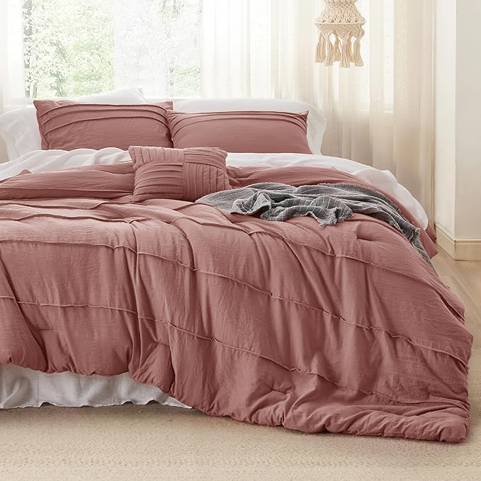 Bedsure California King Comforter Set - 4 Pieces Pinch Pleat Bed Set, Dusty Pink Boho Bedding for All Season, 1 Soft Comforter, 2 Pillowcases, 1 Decorative Pillow