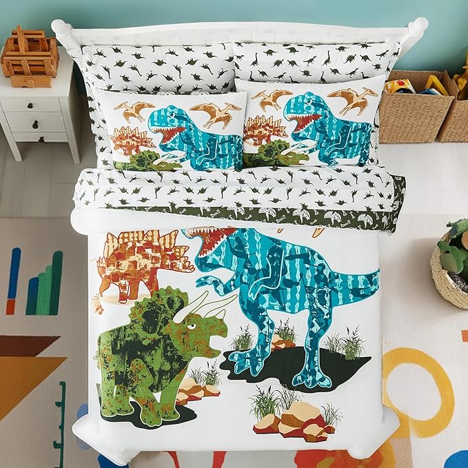 Full Size Comforter Set for Boys-7 Pieces Dinosaur Glow in The Dark Full Bedding Sets for Kids, Ultra Soft Bed in A Bag with Sheets