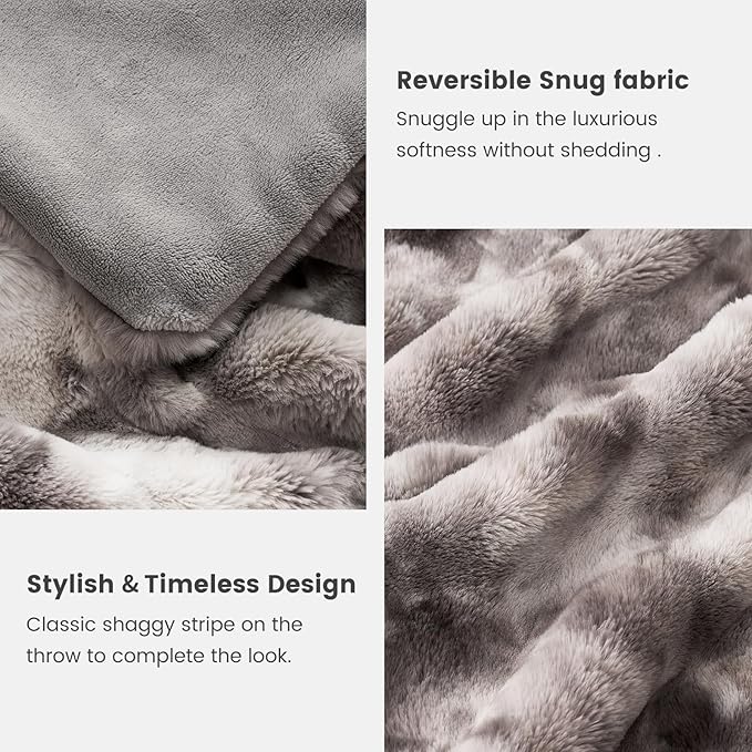 Cozy Bliss Faux Fur Throw Blanket for Couch, Fuzzy Soft Plush Thick Striped Blanket for Sofa Bedroom Living Room, 50 * 60 Inches Tie-dye Grey