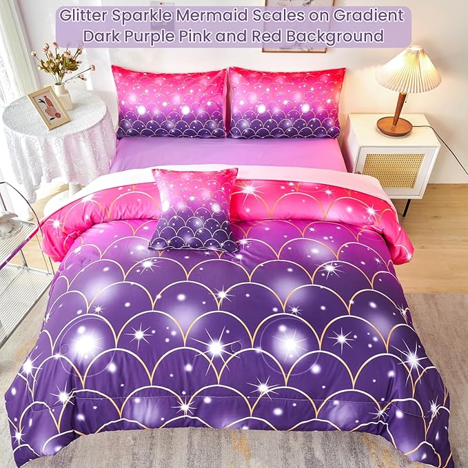 URBONUR Pink Purple Twin Comforter Set 6 Pieces Glitter Colorful Kids Girls Bedding Set (1 Comforter,1 Flat Sheet,1 Fitted Sheet,2 Pillowcases,1 Square Cover)