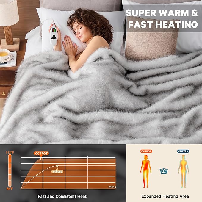 Faux Fur Heated Electric Blanket Throw, 50"X60" Heating Blanket Gifts for Women Mom Winter Warming Warm Luxury Super Cozy Fuzzy Heavy Plush Fluffy Decor, 10 Heat Levels 8H Auto Off,White