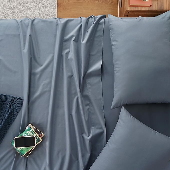 IZOD 100% Egyptian Cotton Sheets Set Queen Size, Cotton Percale Crisp Sheet Set 4Pc, Lightweight & Deep Pocket fits Upto 17", Long-Staple Soft Combed, Hotel Style Luxury Bedding Sheet - Blue Slate
