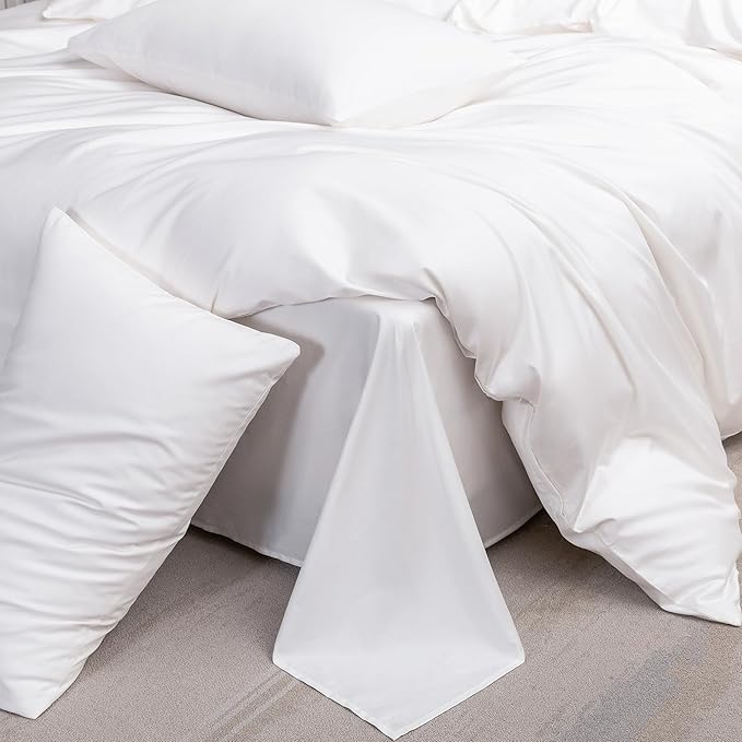 MooMee Duvet Cover Set 100% Extra Long Staple Cotton 600 Thread Count Silky Sateen Smooth Luxury Soft Breathable Durable Hotel Quality Bedding, 3 Pieces (White, Super Queen 90"x98")