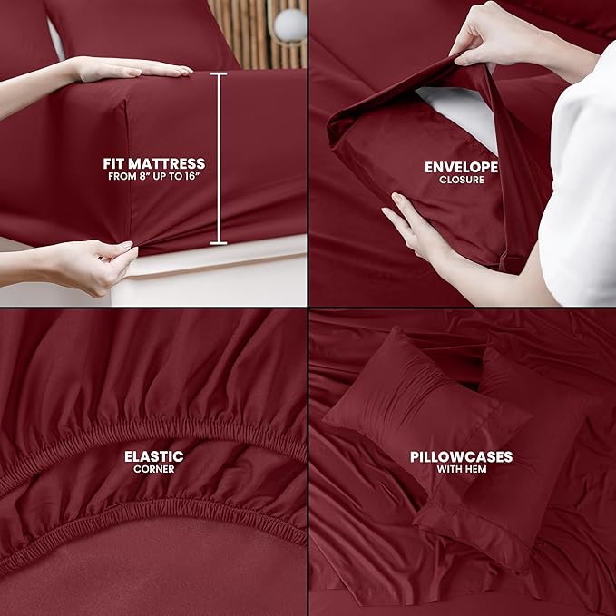 Utopia Bedding California King Sheet Set – 4 Piece Bed Sheets for Cal King Size Bed, Soft and Breathable Microfiber, Includes 1 Fitted Sheet, 1 Flat Sheet and 2 Pillowcases (Burgundy)